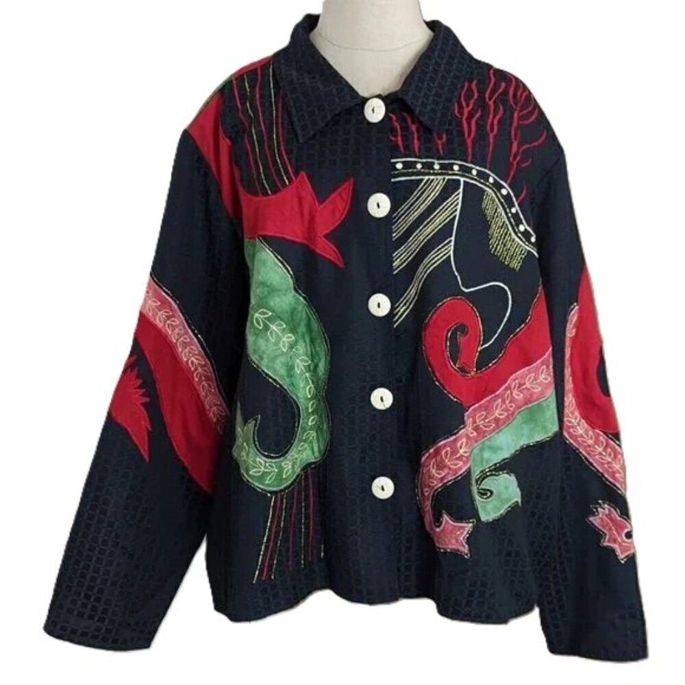 Vintage Alex‎ Kim Jacket Embroidered Patchwork Applique 2X Boho Coastal Grandma